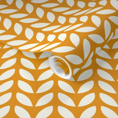 Spoonflower Pre-pasted Wallpaper Fall Leaves Marigold Yellow Natural White Small Scale By Jac Slade 2' X 12' Rem