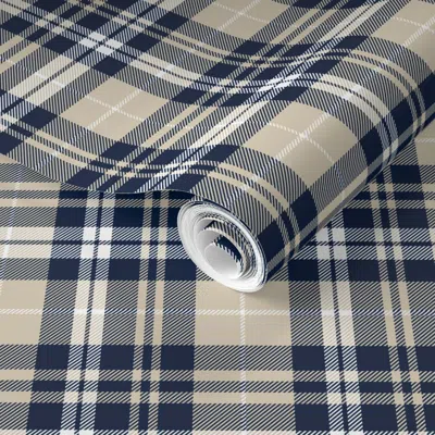 Spoonflower Pre-pasted Wallpaper Fall Plaid Navy Tan White 2' X 12' Removable