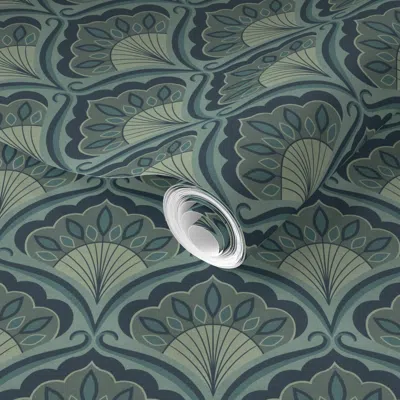 Spoonflower Pre-pasted Wallpaper Fancy Fan In Muted Teal 2' X 12' Removable In Green