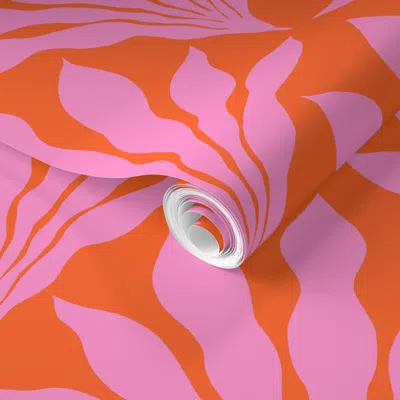 Spoonflower Pre-pasted Wallpaper Fanning Kelp Damask Grid - Bright Pink And Scarlet Orange (m) 12 Inch  Removabl
