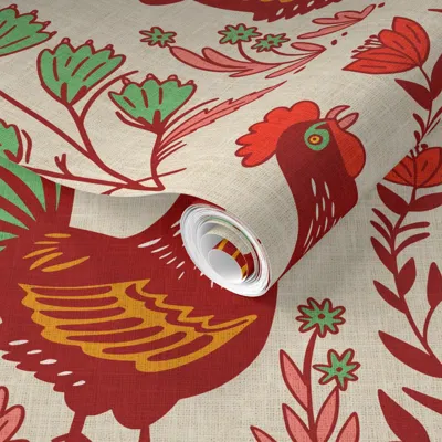 Spoonflower Pre-pasted Wallpaper Farmfolk Chicken 2' X 12' Removable