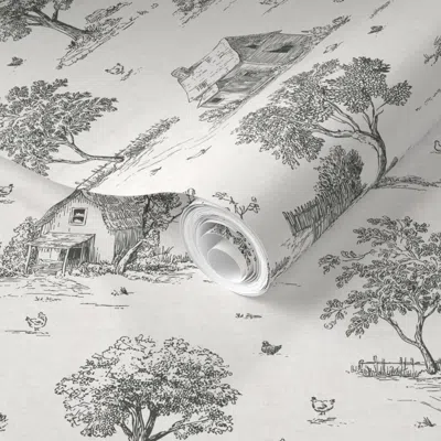 Spoonflower Pre-pasted Wallpaper Farmhouse Toile Vintage Rural Scene - Black & Creamy White - Medium  Removable
