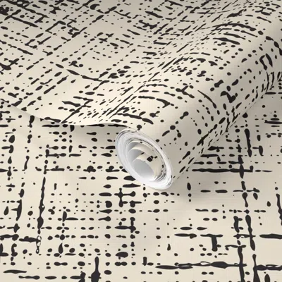 Spoonflower Pre-pasted Wallpaper Faux Linen Texture Abstract Lines - Black Lines On Butter Cream Back - Lg 2' X 