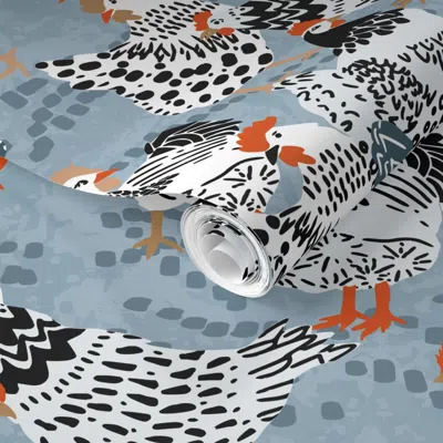 Spoonflower Pre-pasted Wallpaper Favorite Chickens Blue - M 2' X 12' Removable