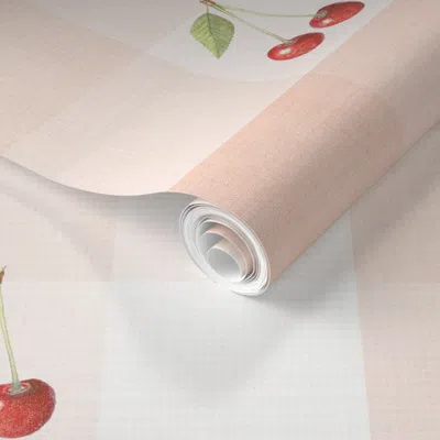 Spoonflower Pre-pasted Wallpaper Fay Vintage Market Cherries & Retro Gingham - French Country - Soft Pink 2' X 1
