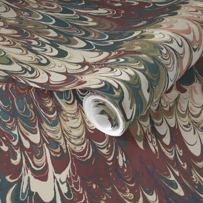 Spoonflower Pre-pasted Wallpaper Feather Marble V4 Blue Raisin Green Tan  Removable In Multi