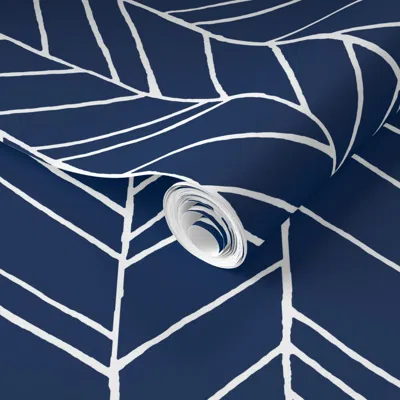 Spoonflower Pre-pasted Wallpaper Featherland Navy/white Large 2' X 12' Removable In Blue