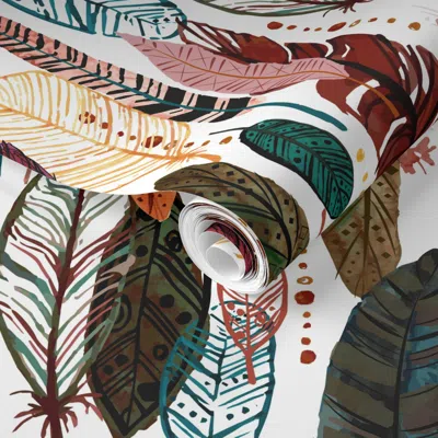 Spoonflower Pre-pasted Wallpaper Feathers On White - Medium 2' X 12' Removable