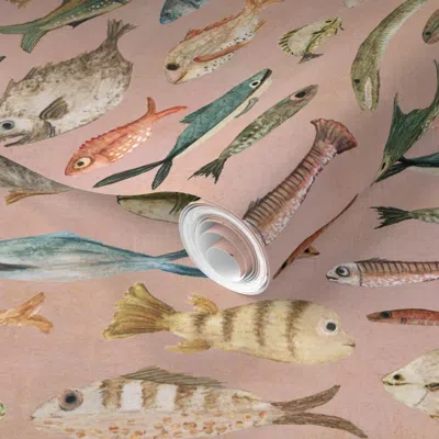 Spoonflower Pre-pasted Wallpaper Fish - Hand Drawn Fish On Dusky Pink For Coastal Decor & Sewing 2' X 12' Remova