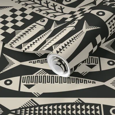 Spoonflower Pre-pasted Wallpaper Fish Marché (black-large Scale) 2' X 12' Removable