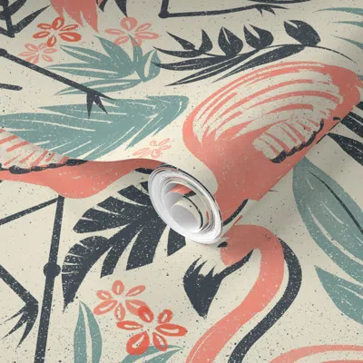 Spoonflower Pre-pasted Wallpaper Flamingo Fiesta Large Flamingoes Retro Tropical Wall Accent Summer 2' X 12' Rem