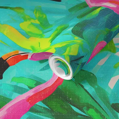 Spoonflower Pre-pasted Wallpaper Flamingo  For Tropical Home Decor For Island Colors Pink Green 2' X 12' Removab