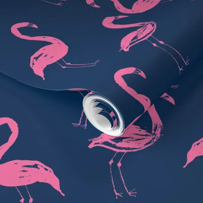 Spoonflower Pre-pasted Wallpaper Flamingo Pink And Blue Navy Blue Girls Preppy Summer Prep Sweet Watercolor 2' X