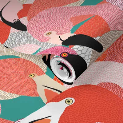 Spoonflower Pre-pasted Wallpaper Flamingoes In Orange And Pink - Extra Large 2' X 12' Removable