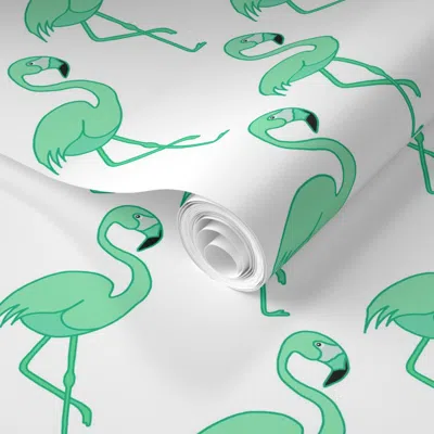 Spoonflower Pre-pasted Wallpaper Flamingos On Parade... Peppermint Green On White Medium  Removable