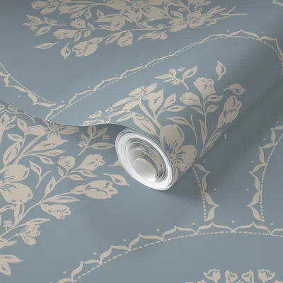 Spoonflower Pre-pasted Wallpaper Fleur - French Provincial Scallop Florals - Blue & Beige 2' X 12' Removable