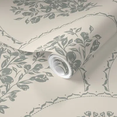 Spoonflower Pre-pasted Wallpaper Fleur - French Provincial Scallop Florals - Cream & Moss Green  Removable