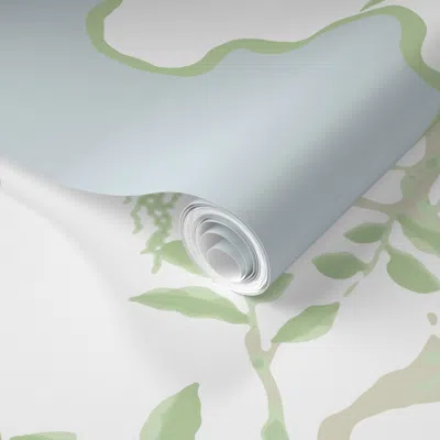 Spoonflower Pre-pasted Wallpaper Floral Chinoiserie Stripe Blue Grey And Green Natural Chinoiserie Garden 2' X 1