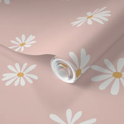 Spoonflower Pre-pasted Wallpaper Floral Daisies Nursery Baby Girls Room Pastel Pink Mustard - Jumbo 24x24  Remov
