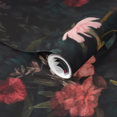 Spoonflower Pre-pasted Wallpaper Floral Fable Dark Floral Rose Black Moody Flowers Wildflowers 2' X 12' Removabl