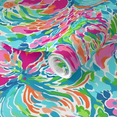 Spoonflower Pre-pasted Wallpaper Floral Fiesta - Med. Scale - Pinks And Teal On White  Removable