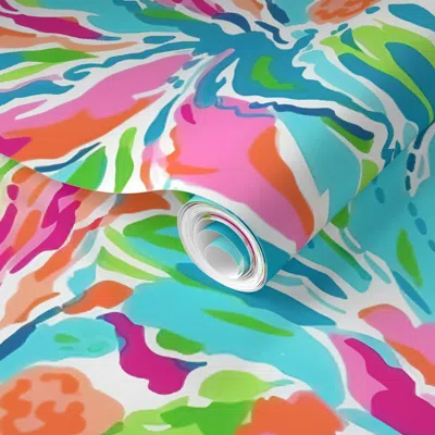Spoonflower Pre-pasted Wallpaper Floral Fiesta - Pinks And Teal On White 2' X 12' Removable