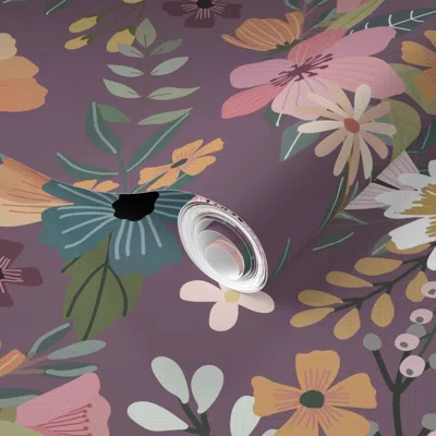 Spoonflower Pre-pasted Wallpaper Floral Garden - Purple 2' X 12' Removable