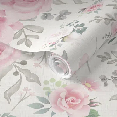 Spoonflower Pre-pasted Wallpaper Floral Linen - Pink - Oversized 2' X 12' Removable