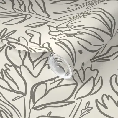 Spoonflower Pre-pasted Wallpaper Floral Linework - Large Scale - Cream And Gray  Removable In Beige/gray/white