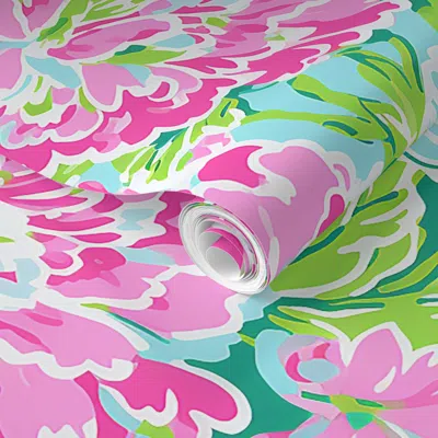 Spoonflower Pre-pasted Wallpaper Floral Preppy Grand Millennial Aqua Blue Pink Green Dorm Home Decor Chic 2' X 1