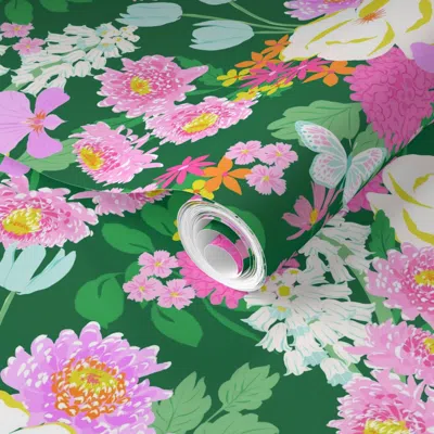Spoonflower Pre-pasted Wallpaper Floriography Detailed Drawn Floral Garden With Butterfly Green Small 2' X 12' R