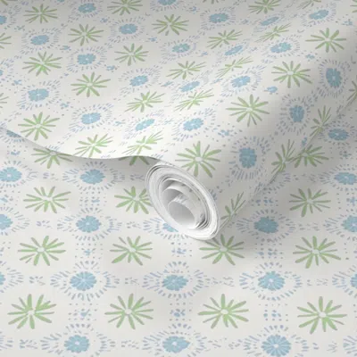Spoonflower Pre-pasted Wallpaper Flower Stars Lime And Sky Blue 2' X 12' Removable