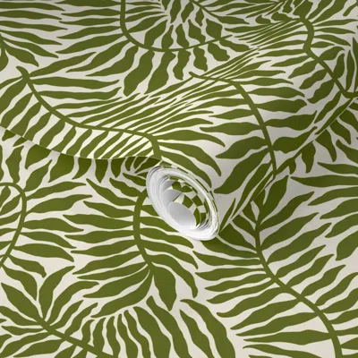Spoonflower Pre-pasted Wallpaper Flowing Fern Leaves - Moss Green On Cream White (m) 12 Inch 2' X 12' Removable