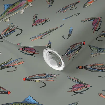 Spoonflower Pre-pasted Wallpaper Fly Fishing - Sage Green (flies And Rainbow Trout) 2' X 12' Removable