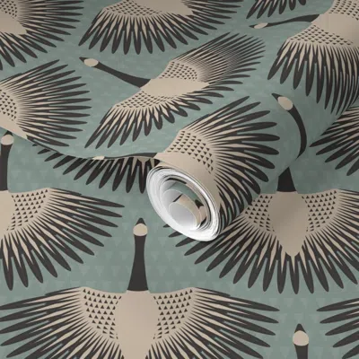 Spoonflower Pre-pasted Wallpaper Flying Art Deco Geese (teal) (medium) 2' X 12' Removable