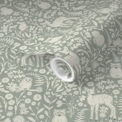 Spoonflower Pre-pasted Wallpaper Forest Baby Animal Friends Woodland Creatures Sage Green Cream Ivory (s) 2' X 1