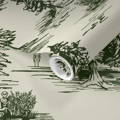 Spoonflower Pre-pasted Wallpaper Forest Green & Cream Alien Abduction 2' X 12' Removable