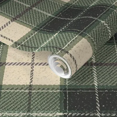 Spoonflower Pre-pasted Wallpaper Forest Green Woodland Tartan Snowflake Plaid Rustic Winter Fabric 2' X 12' Remo
