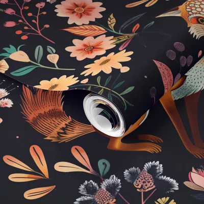 Spoonflower Pre-pasted Wallpaper Foxes In Flower Garden By Lena Brosse On Black Background Large Scale 2' X 12' 