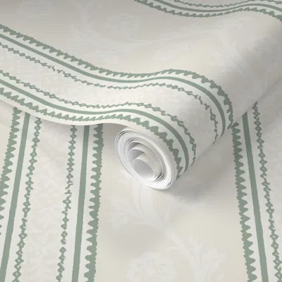 Spoonflower Pre-pasted Wallpaper Francie Stripe Bone And China Green 2' X 12' Removable
