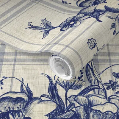Spoonflower Pre-pasted Wallpaper French Country Cottage Checkers In Navy Blue With Delft Ware Flowers 2' X 12' R