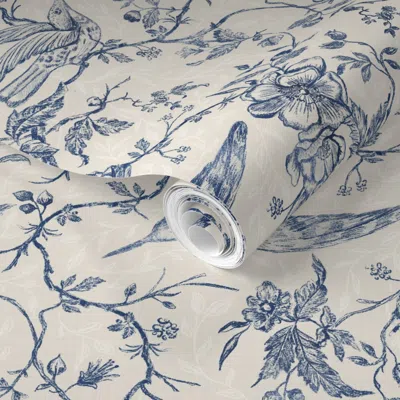 Spoonflower Pre-pasted Wallpaper French Country Vintage Birds And Roses Blue Large 2' X 12' Removable