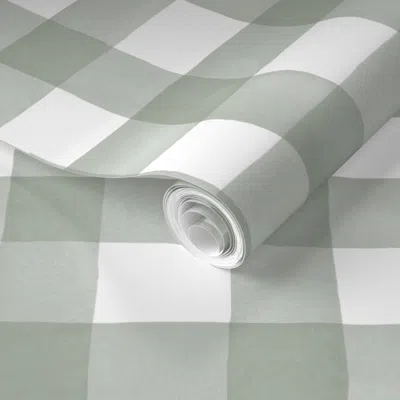 Spoonflower Pre-pasted Wallpaper French Gray Sage Watercolor Gingham 2' X 12' Removable