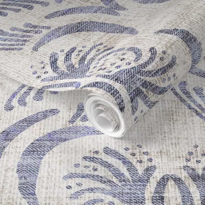 Spoonflower Pre-pasted Wallpaper French Linen Geo Floral 2' X 12' Removable In Gray