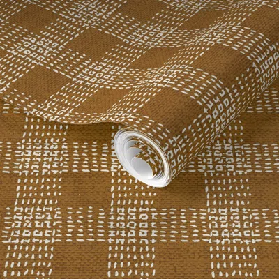 Spoonflower Pre-pasted Wallpaper French Linen Gingham Ochre  Removable In Brown