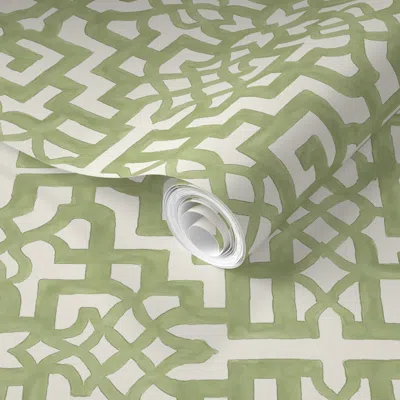 Spoonflower Pre-pasted Wallpaper Fretwork Garden Lime 2' X 12' Removable