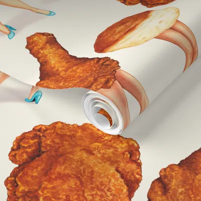 Spoonflower Pre-pasted Wallpaper Fried Chicken Pin-ups 2' X 12' Removable In Multi