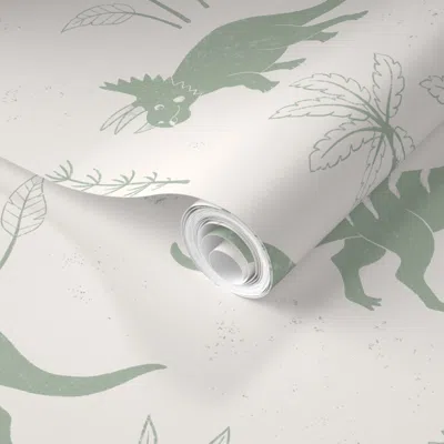 Spoonflower Pre-pasted Wallpaper Friendly Dinos - Fun Dinosaur Whimsical Baby Nursery Walls - Sage Green 2' X 12