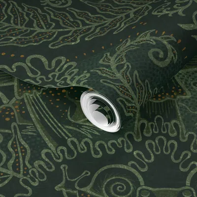 Spoonflower Pre-pasted Wallpaper Frogs And Mushs Damask Magic Forest Ferns Snails Toads Cottagecore 2' X 12' Rem