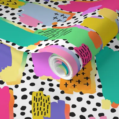 Spoonflower Pre-pasted Wallpaper Funky Bright Abstract Shapes 2' X 12' Removable